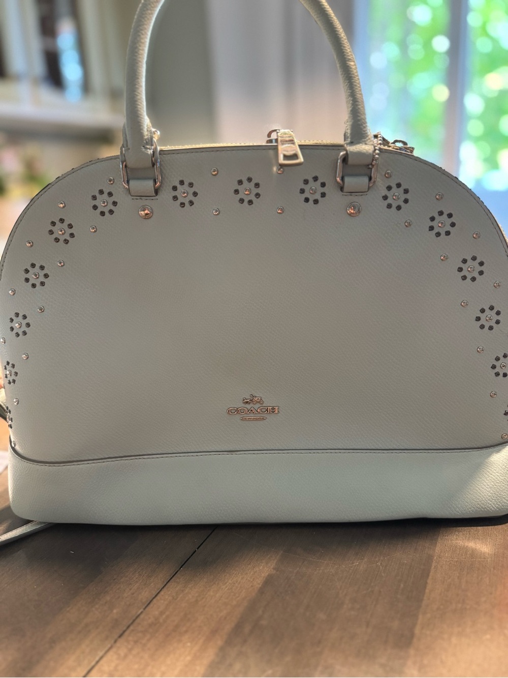 Coach White Floral Cutout Leather Satchel with Gold Hardware
